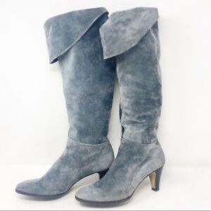 Salvatore Ferragamo Knee High Boots 2.75 in. Heel Suede Leather Gray 8.5 B
